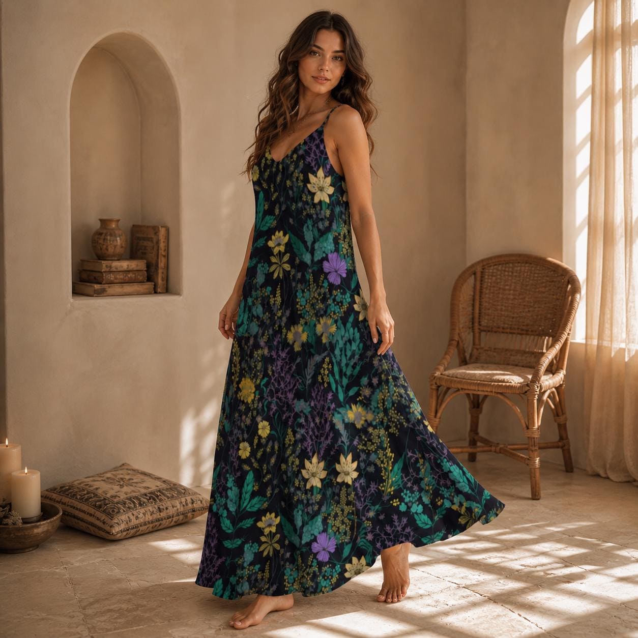 Dark Botanical Maxi Dress, Enchanted Garden Floral Cottagecore Sundress