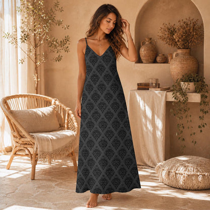 Black Maxi Slip Dress, Damask Cami Sundress, Western Boho Vacation Outfit