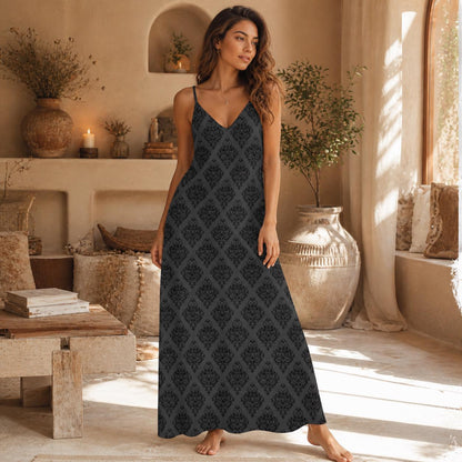 Black Maxi Slip Dress, Damask Cami Sundress, Western Boho Vacation Outfit