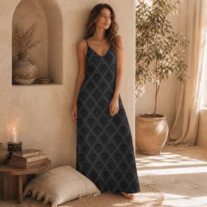 Black Maxi Slip Dress, Damask Cami Sundress, Western Boho Vacation Outfit