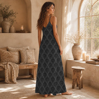 Black Maxi Slip Dress, Damask Cami Sundress, Western Boho Vacation Outfit