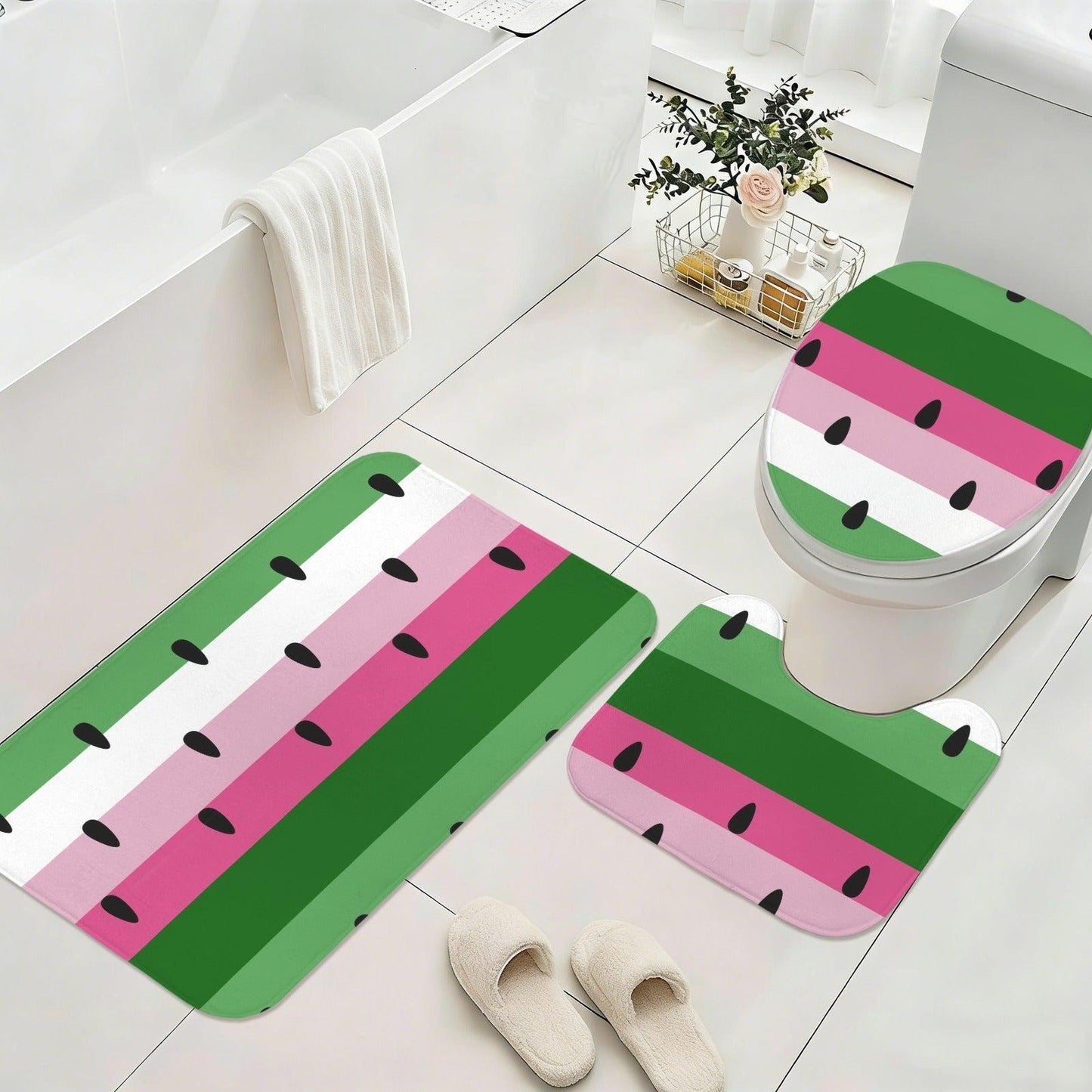Watermelon Shower Curtain, Pink Green Fruit Stripes, Modern Bathroom Decor