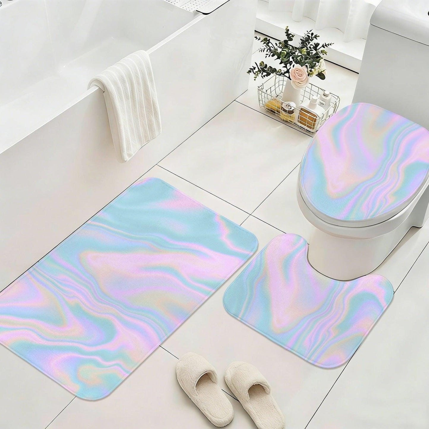 Holographic Shower Curtain, Pastel Opal Swirl, Iridescent Wavy Bath Decor