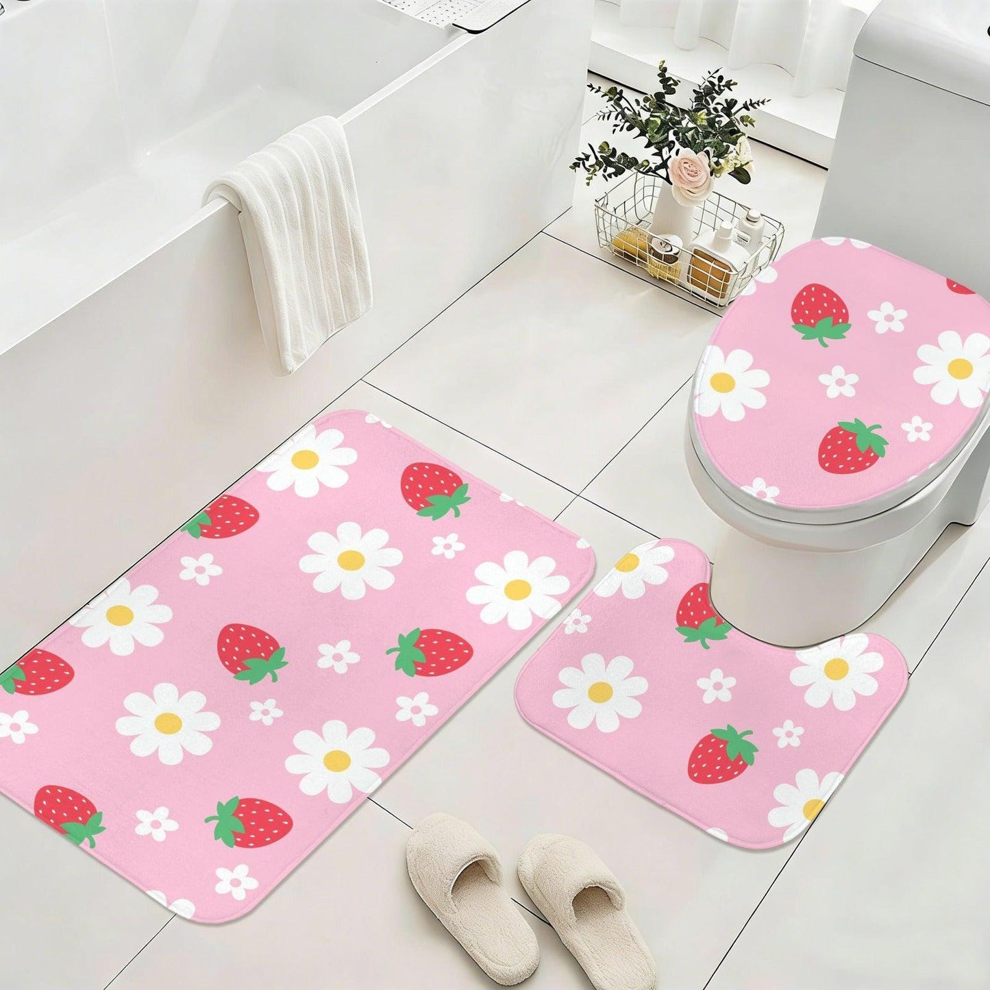 Pink Strawberry Daisy Shower Curtain, Whimsical Fruit Floral Bath Accent