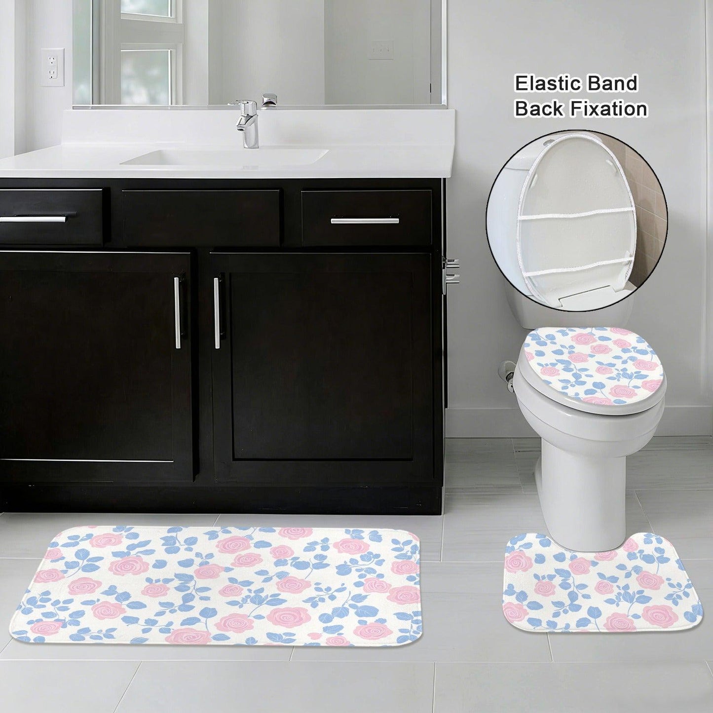 Pink Rose Floral Shower Curtain, Blue Leaves Cottage Bath Decor