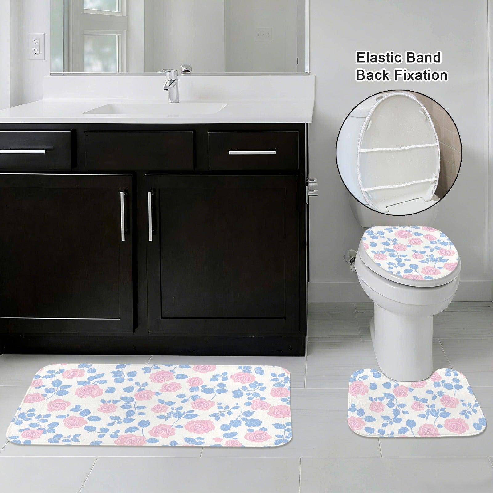 Pink Rose Floral Shower Curtain, Blue Leaves Cottage Bath Decor