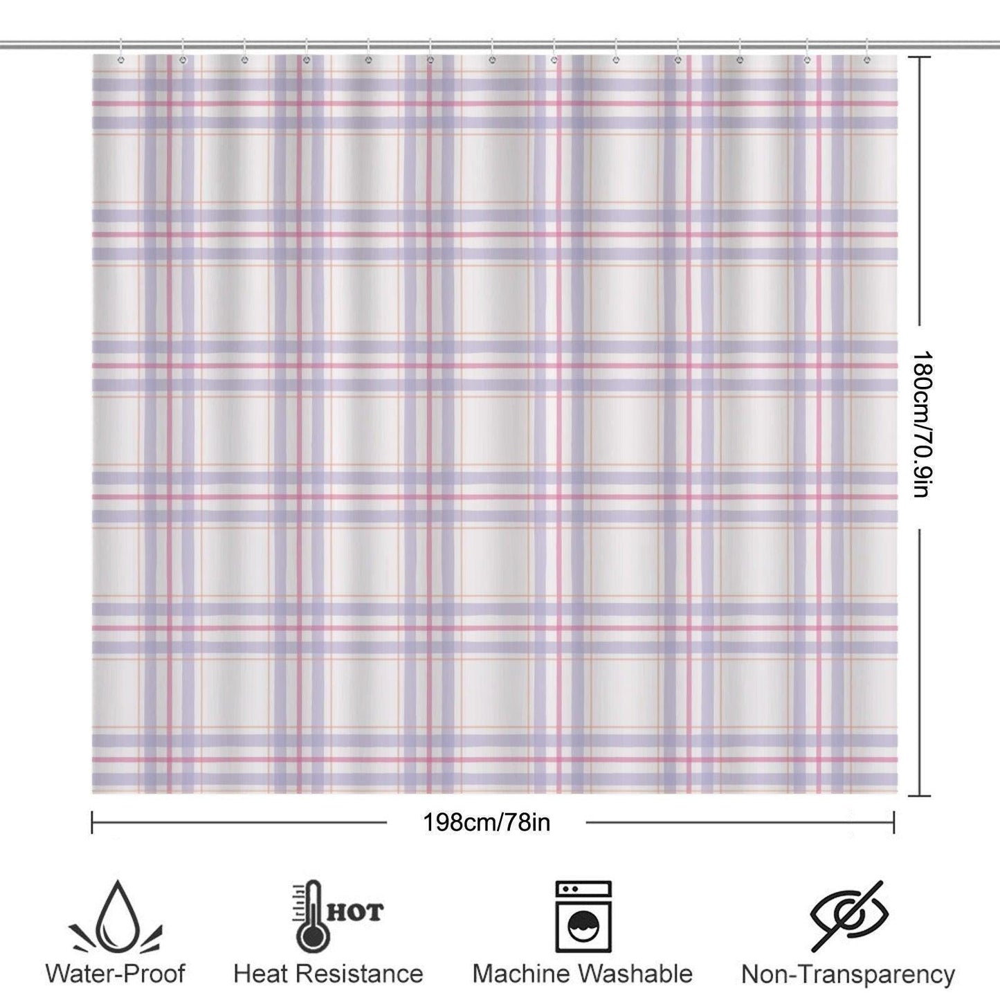 Plaid Bathroom Rug Set, Lavender Pink Bath Mat Trio, Preppy Cottage Toilet Contour Rug