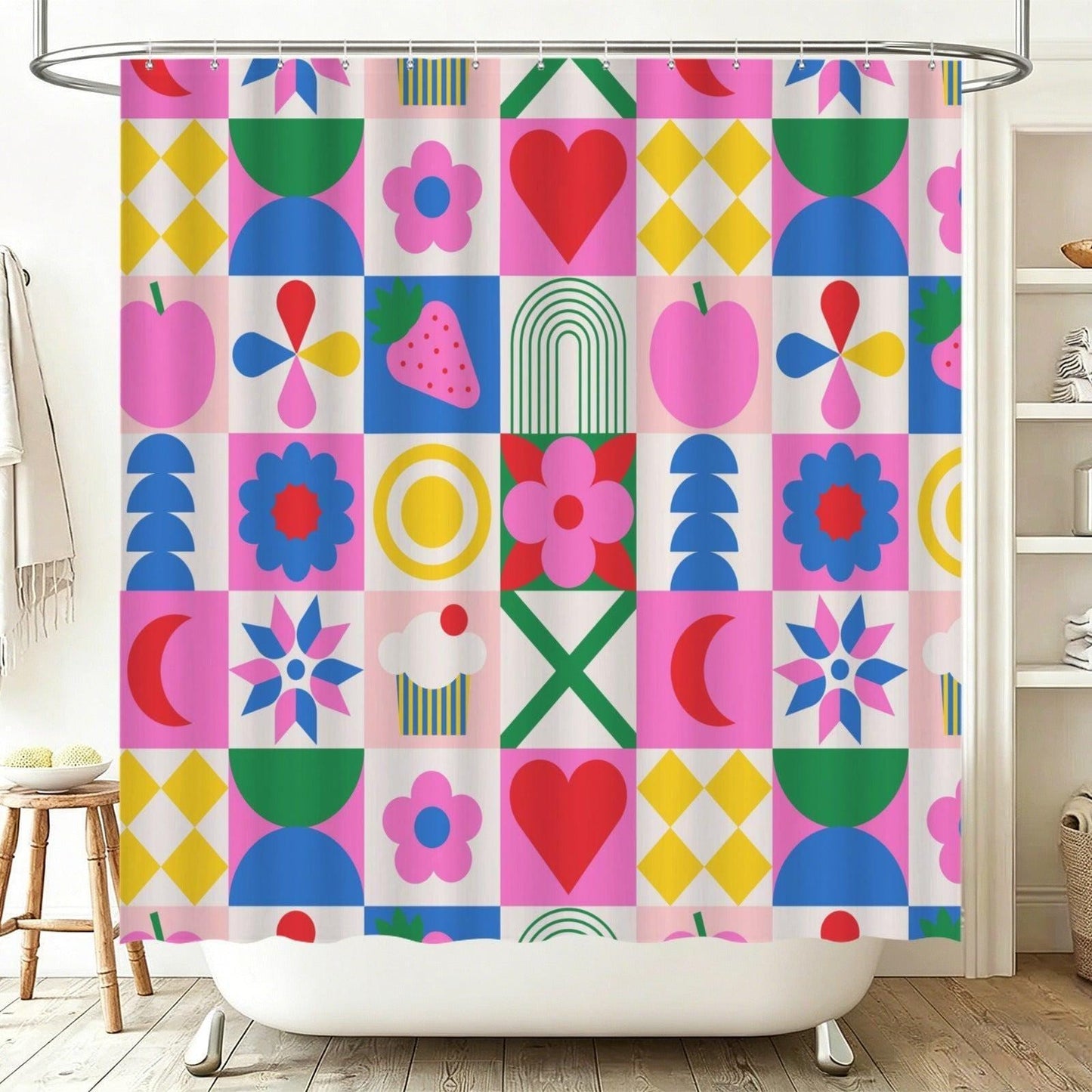 Retro Mod Fruit Bathroom Rug Set, Colorful Geometric 3-Piece Bath Mat