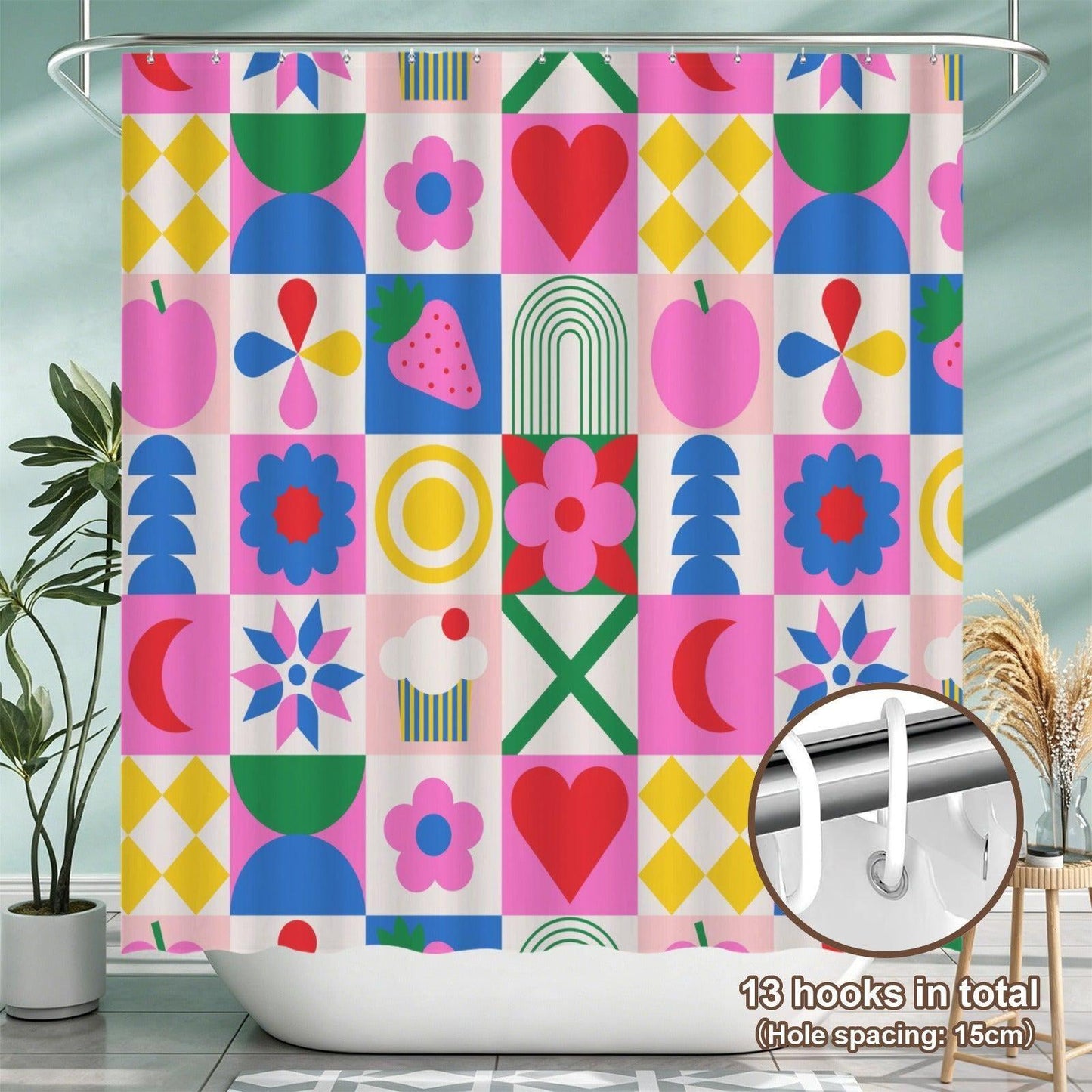Retro Mod Fruit Bathroom Rug Set, Colorful Geometric 3-Piece Bath Mat