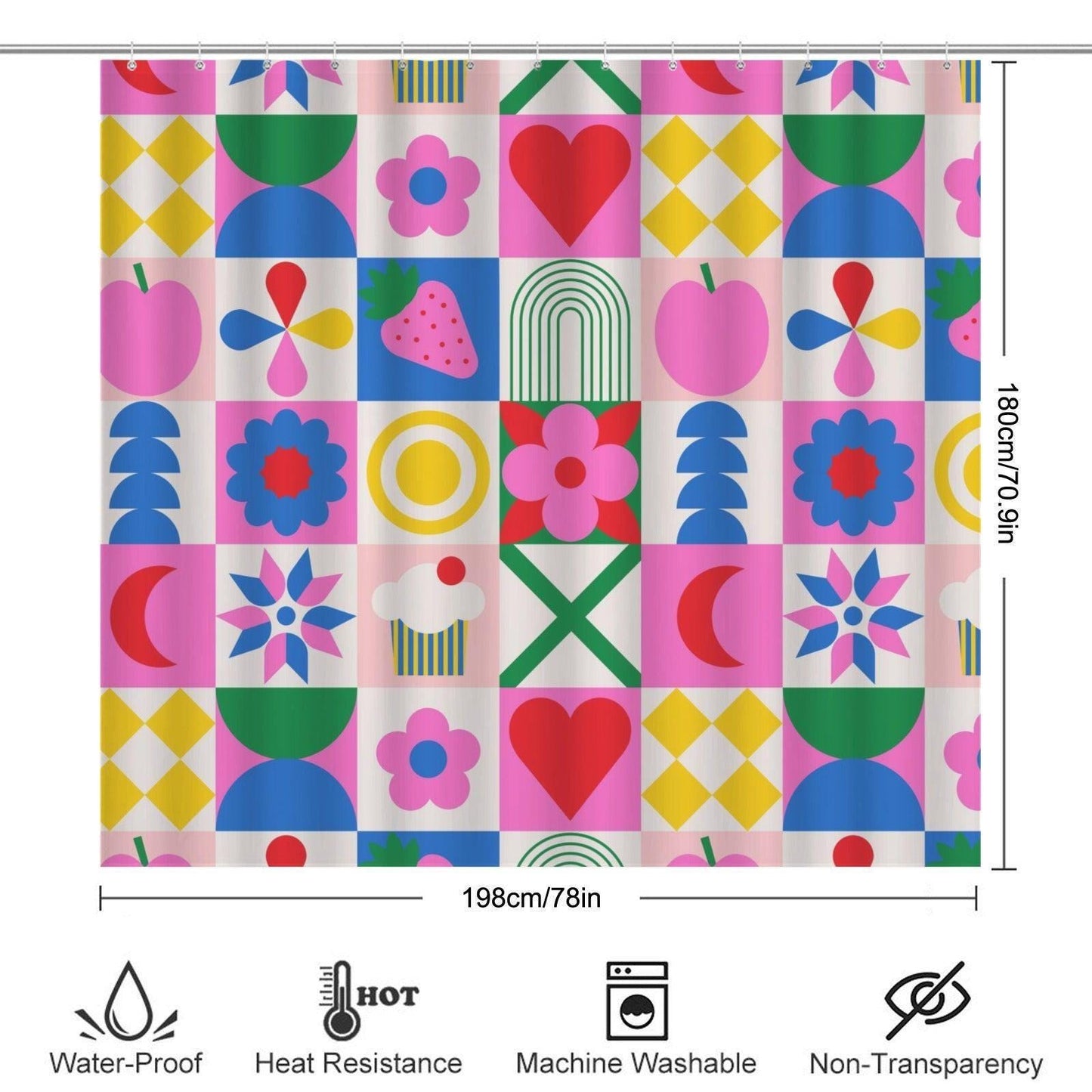 Retro Mod Fruit Bathroom Rug Set, Colorful Geometric 3-Piece Bath Mat