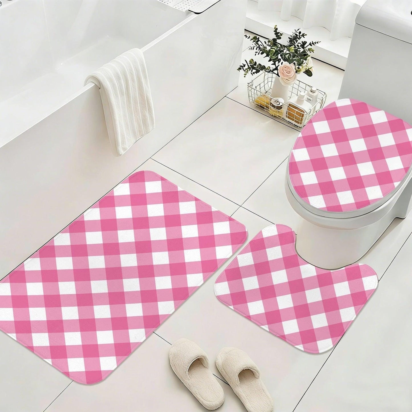 Pink Gingham Shower Curtain, Checkered Bathroom Decor, Preppy Bath Accent