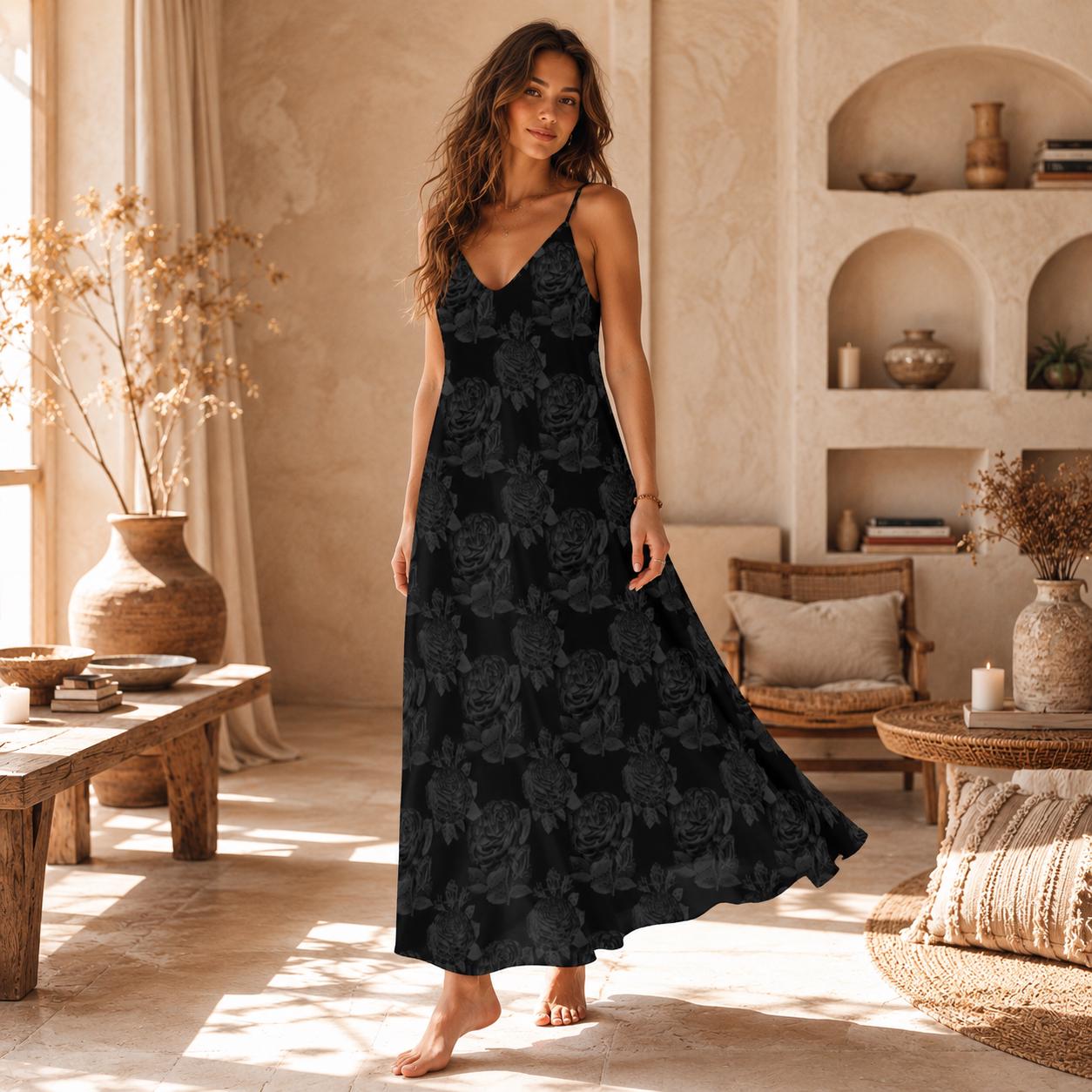 Black Floral Maxi Dress, Dark Cottagecore Sundress, Moody Sleeveless Boho Dress