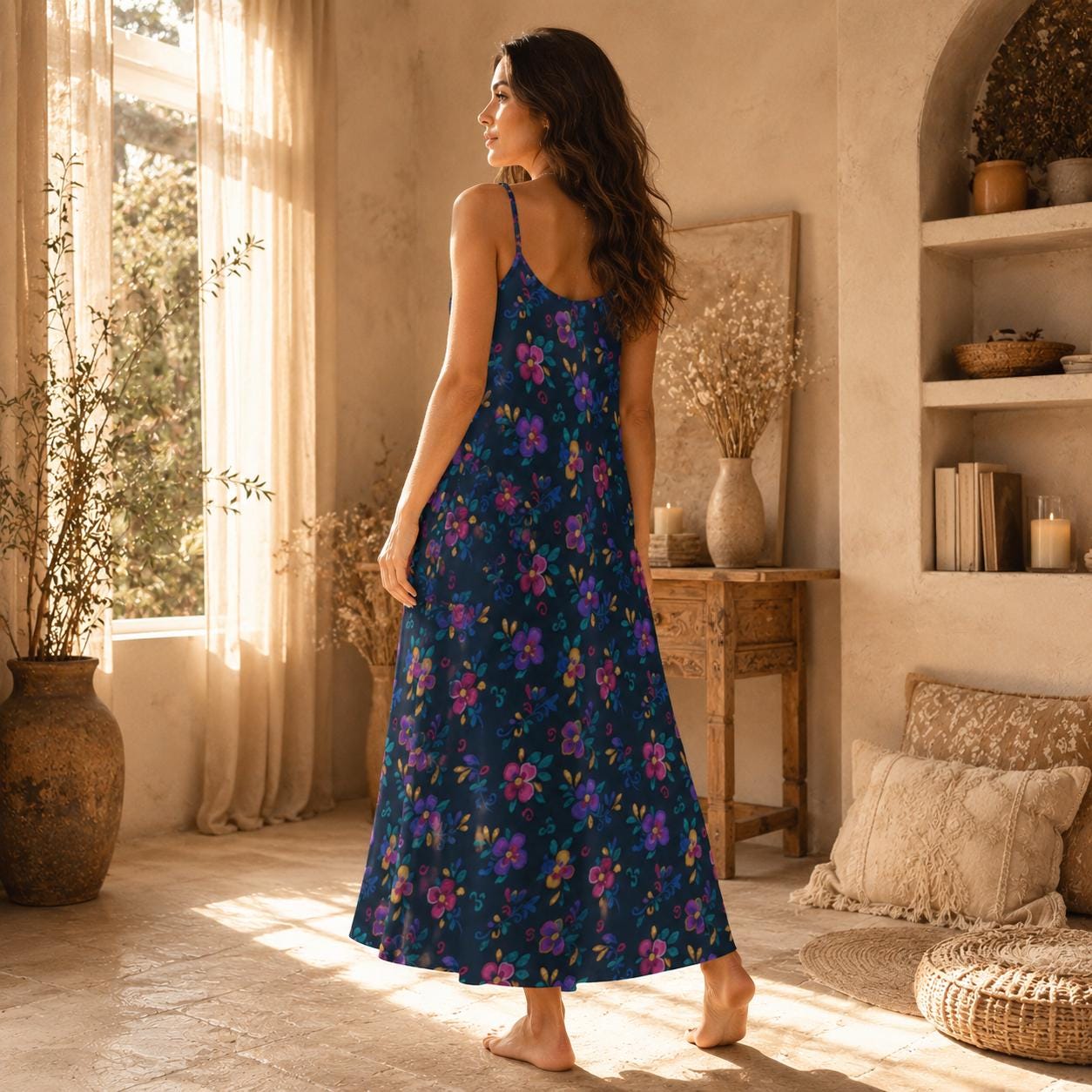 Folk Floral Maxi Dress, Boho Cami Sundress, Colorful Cottagecore Summer Dress