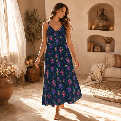 Folk Floral Maxi Dress, Boho Cami Sundress, Colorful Cottagecore Summer Dress