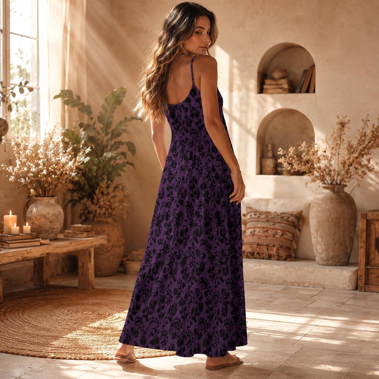 Plum Damask Maxi Dress, Dark Romantic Slip Sundress, Black Flocked Evening Outfit