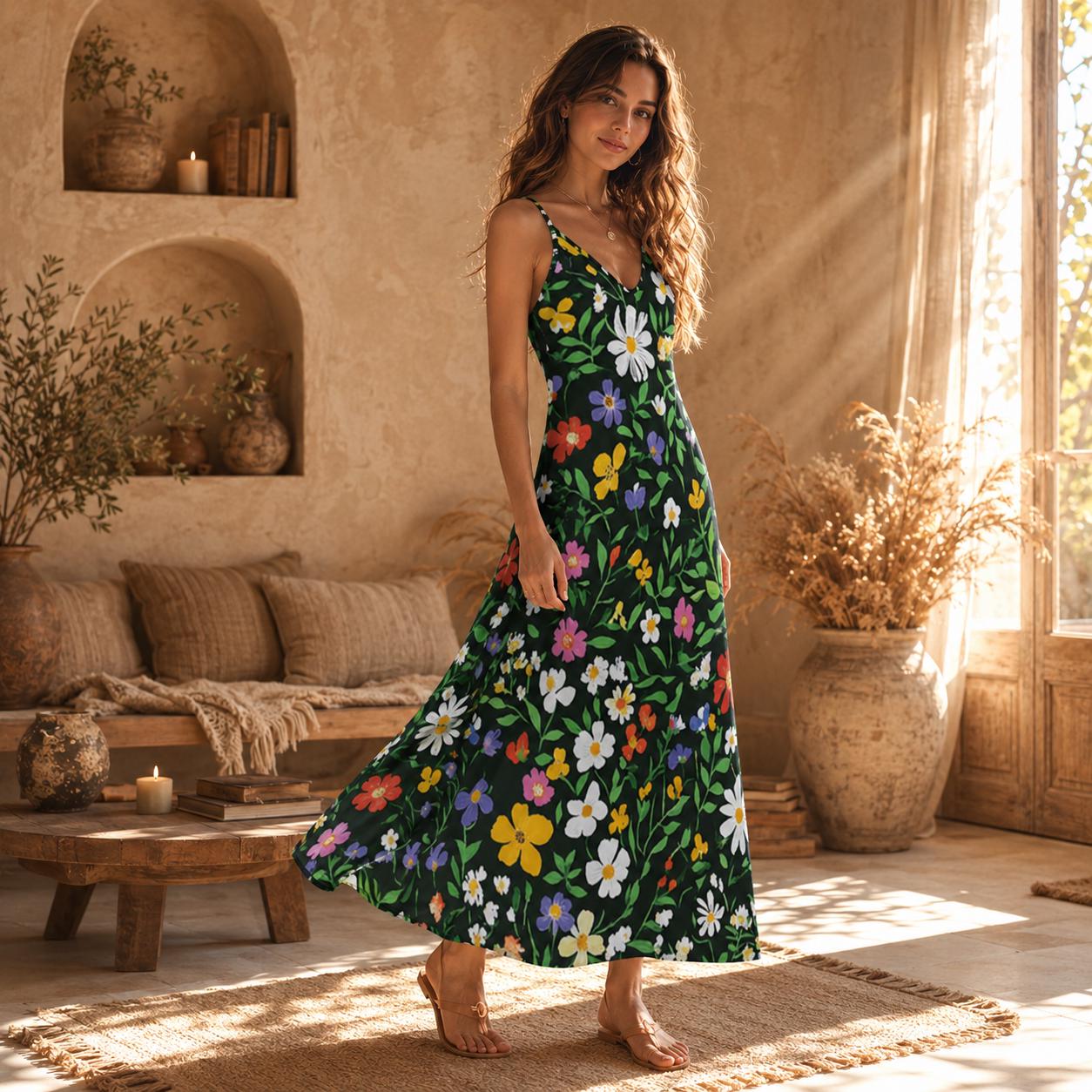 Wildflower Garden Maxi Dress, Green Floral Cottagecore Sundress, Summer Picnic Outfit