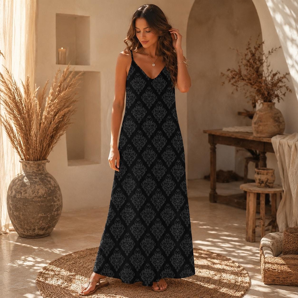 Black Damask Maxi Dress, Dark Academia Slip Dress, Gothic Cami Sundress