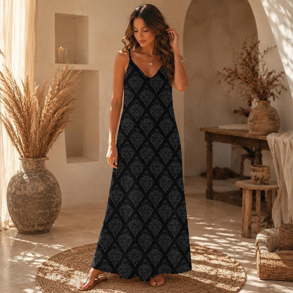 Black Damask Maxi Dress, Dark Academia Slip Dress, Gothic Cami Sundress