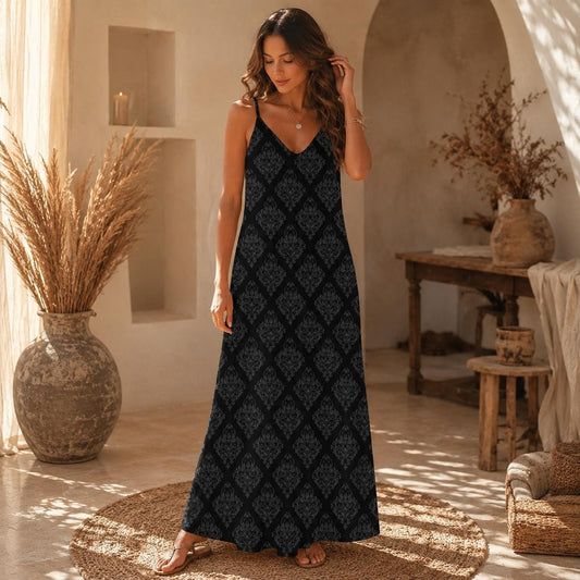 Black Damask Maxi Dress, Dark Academia Slip Dress, Gothic Cami Sundress
