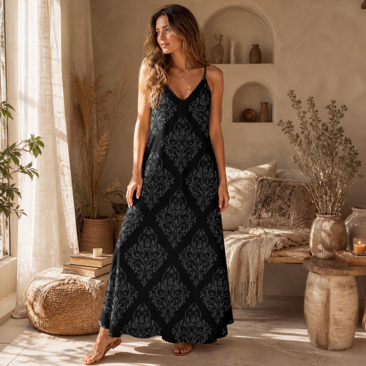 Black Damask Maxi Slip Dress, Gothic Baroque Spaghetti Strap, Elegant Dark Romantic Summer Clothing