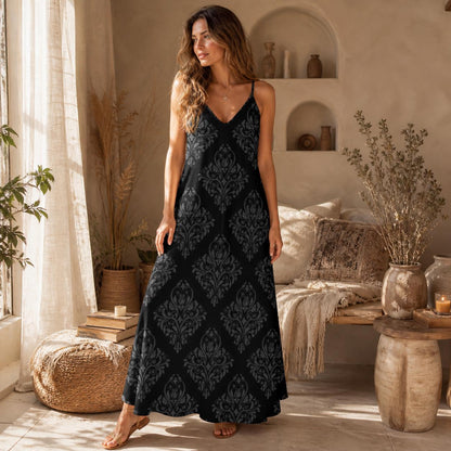 Black Damask Maxi Slip Dress, Gothic Baroque Spaghetti Strap, Elegant Dark Romantic Summer Clothing