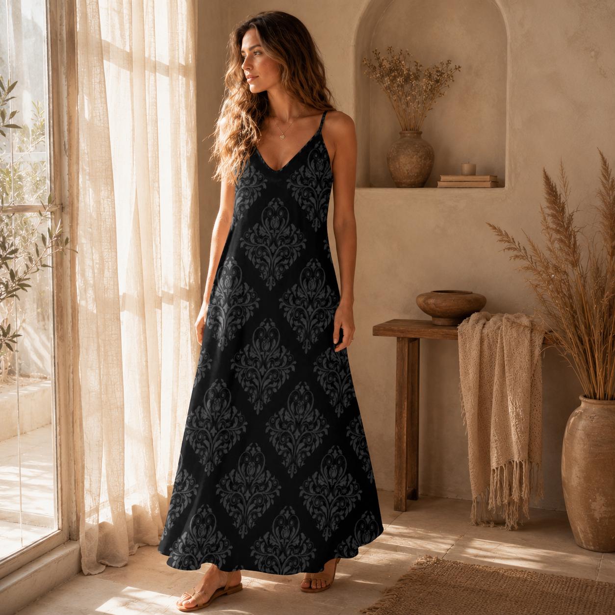 Black Damask Maxi Slip Dress, Gothic Baroque Spaghetti Strap, Elegant Dark Romantic Summer Clothing
