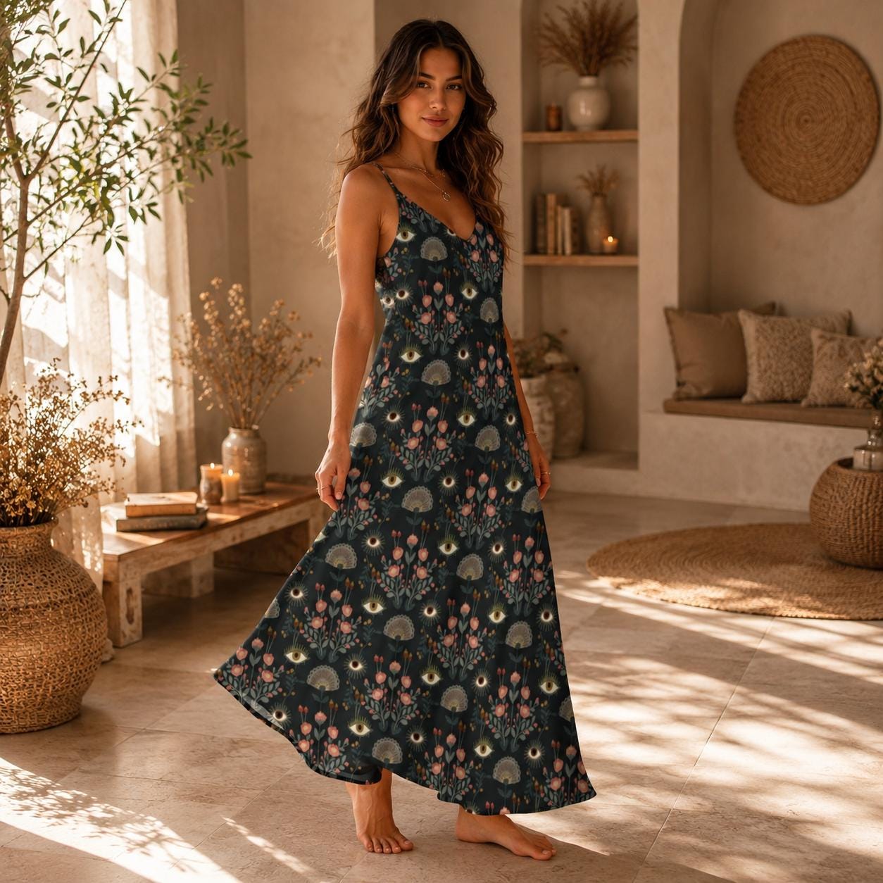Evil Eye Maxi Dress, Mystical Floral Slip Dress, Folk Art Boho Sundress