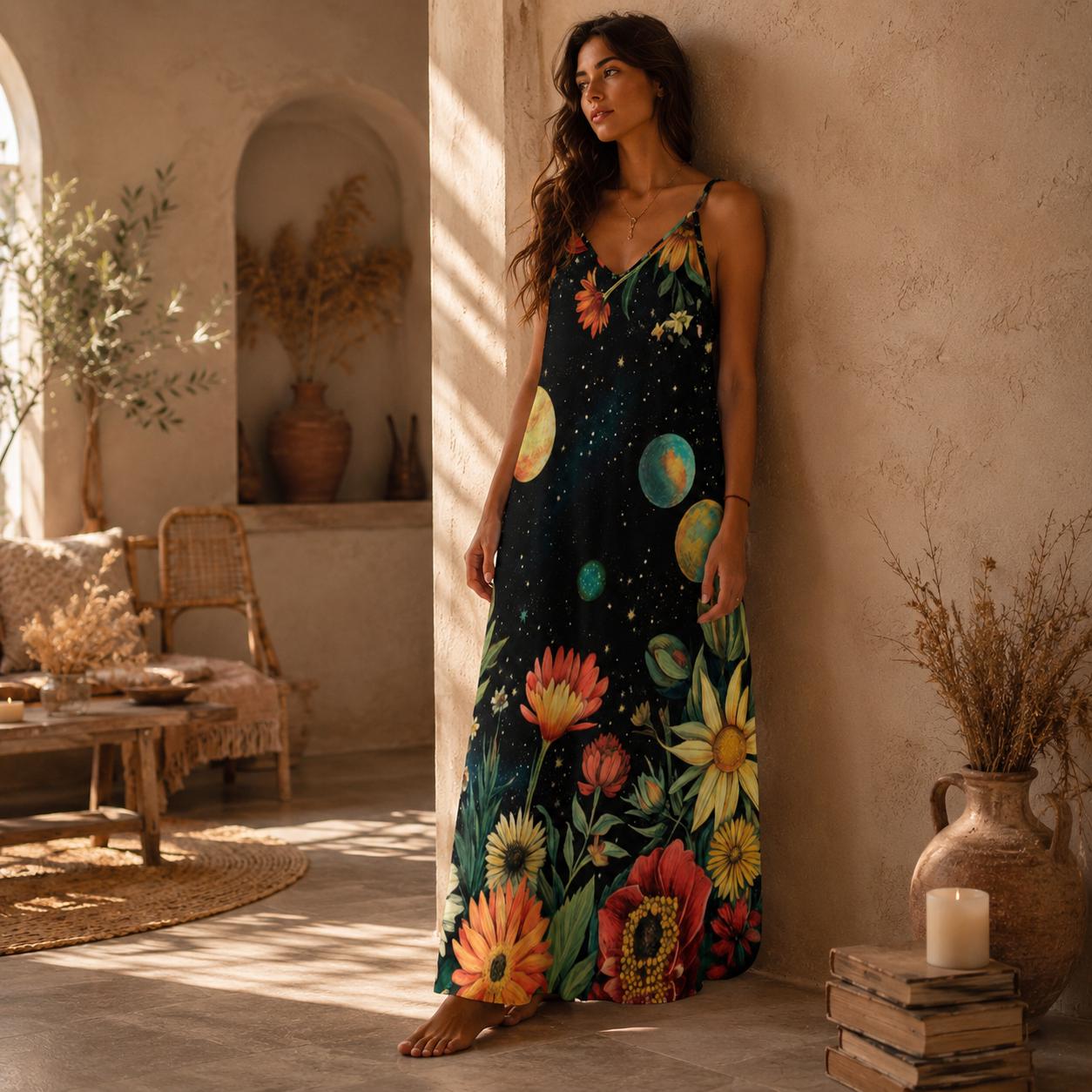 Boho Maxi Dress, Cosmic Floral Sundress, Planet Print Slip Dress