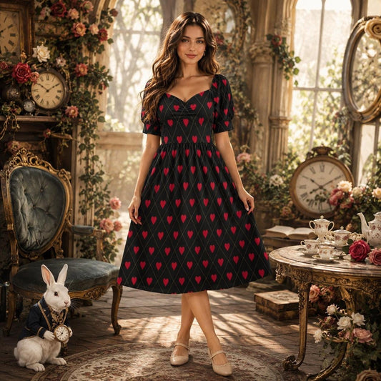 Gothic Valentine Dress Black Red Heart Print Puff Sleeve Midi Dress