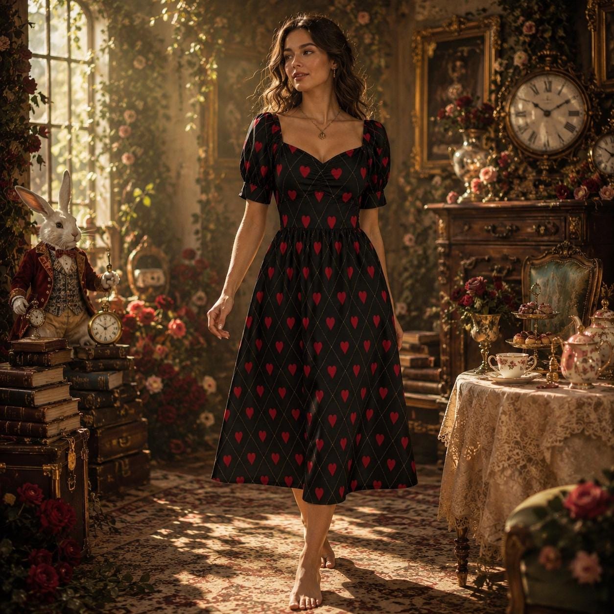 Gothic Valentine Dress Black Red Heart Print Puff Sleeve Midi Dress