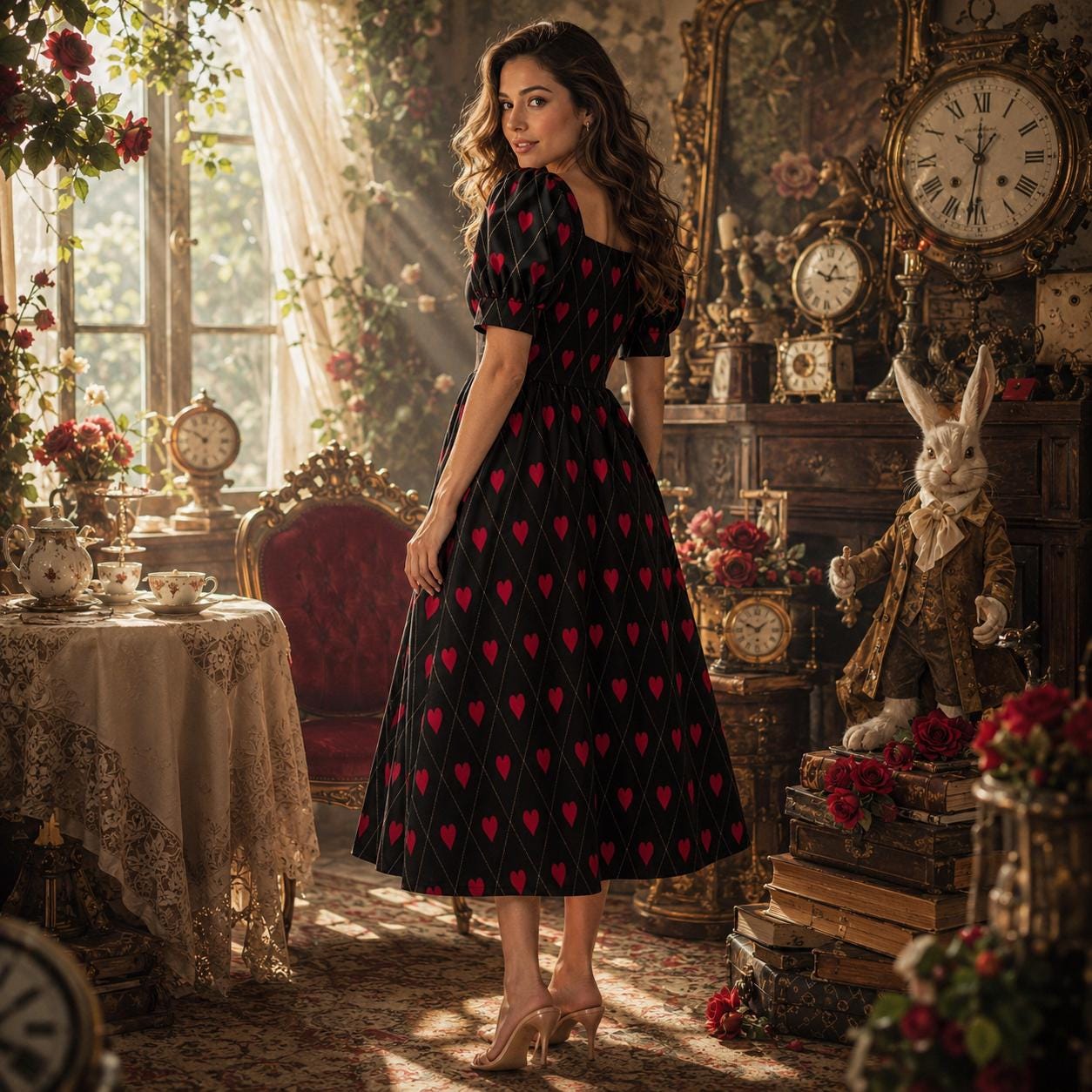 Gothic Valentine Dress Black Red Heart Print Puff Sleeve Midi Dress