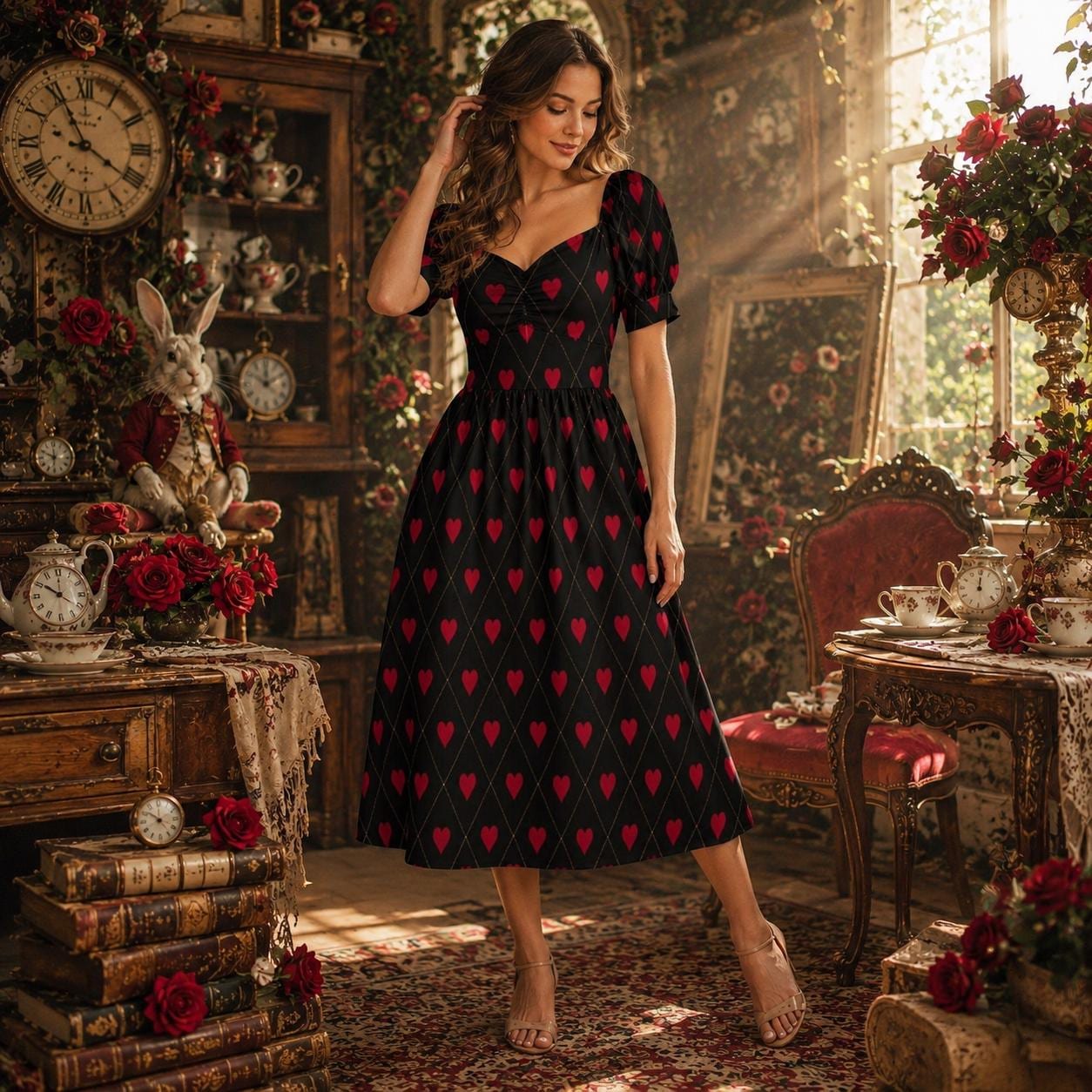 Gothic Valentine Dress Black Red Heart Print Puff Sleeve Midi Dress
