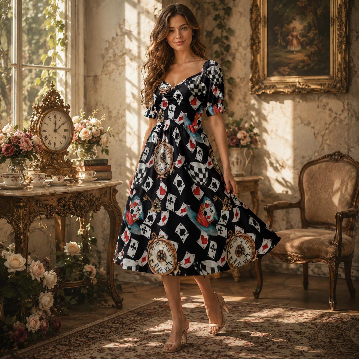 Wonderland Card Print Midi Dress, Queen Hearts Puff Sleeve, Storybook Tea Party Outfit for Women