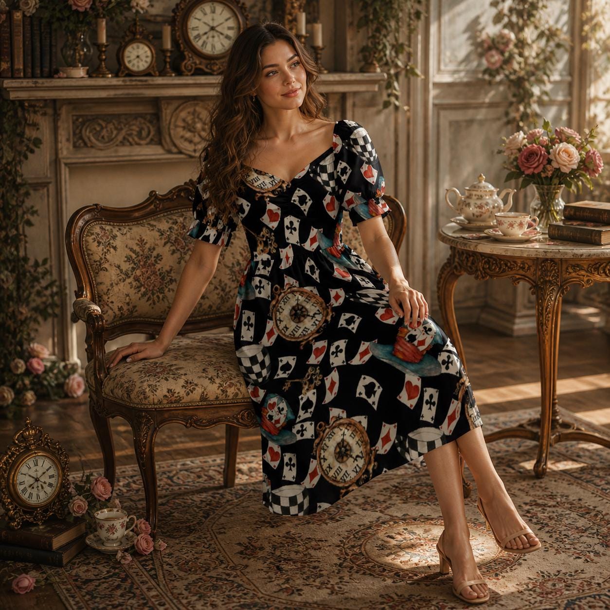 Wonderland Card Print Midi Dress, Queen Hearts Puff Sleeve, Storybook Tea Party Outfit for Women