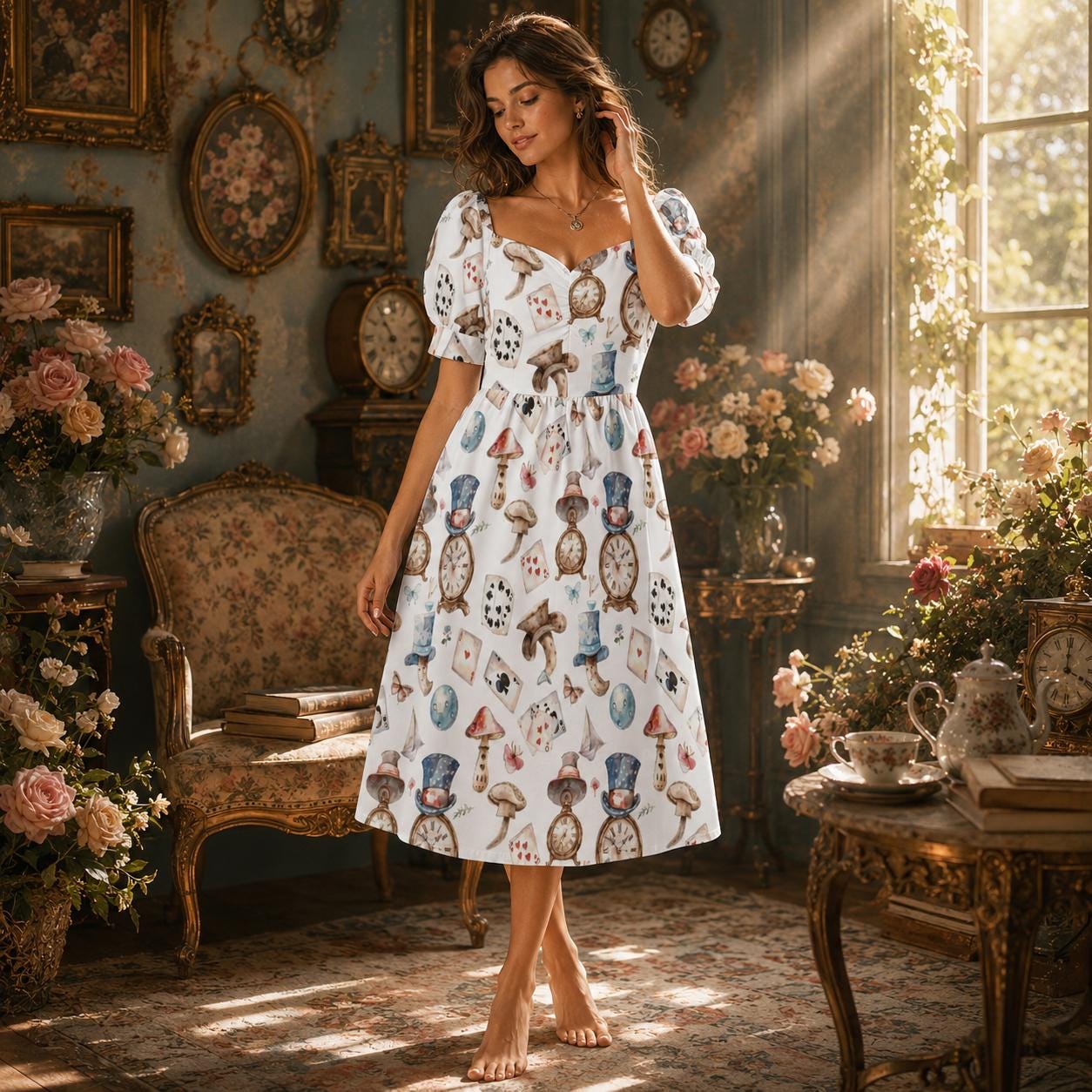 Whimsical Clock Mushroom Print Puff Sleeve Dress, Fairytale Fantasy Party Outfit