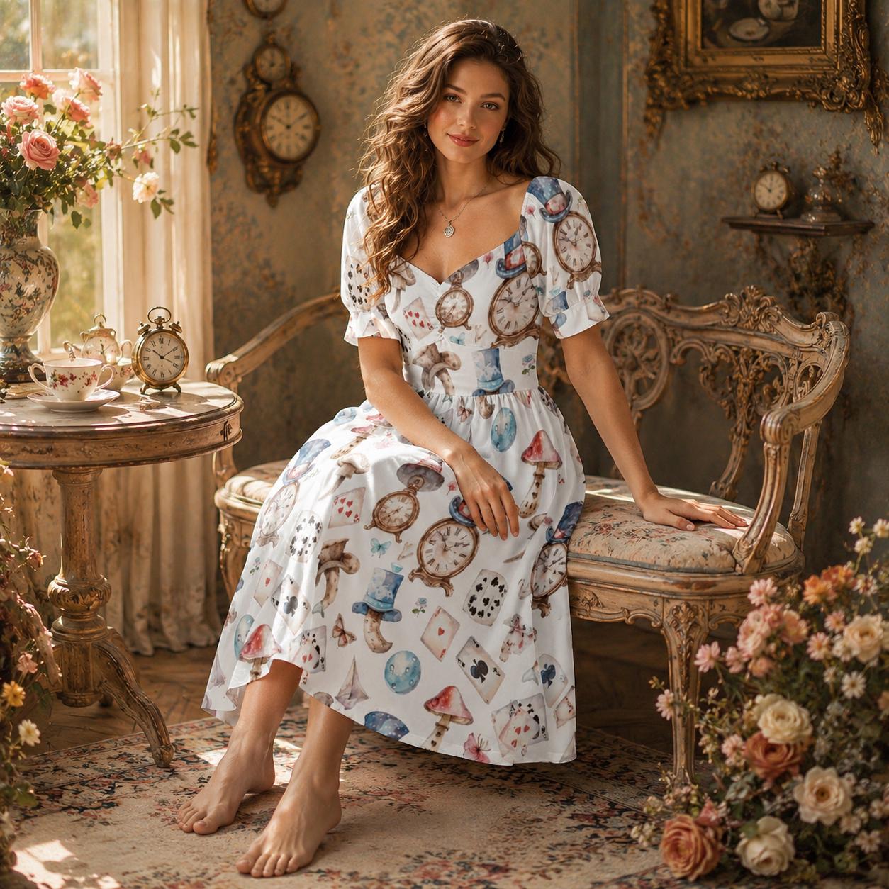 Whimsical Clock Mushroom Print Puff Sleeve Dress, Fairytale Fantasy Party Outfit
