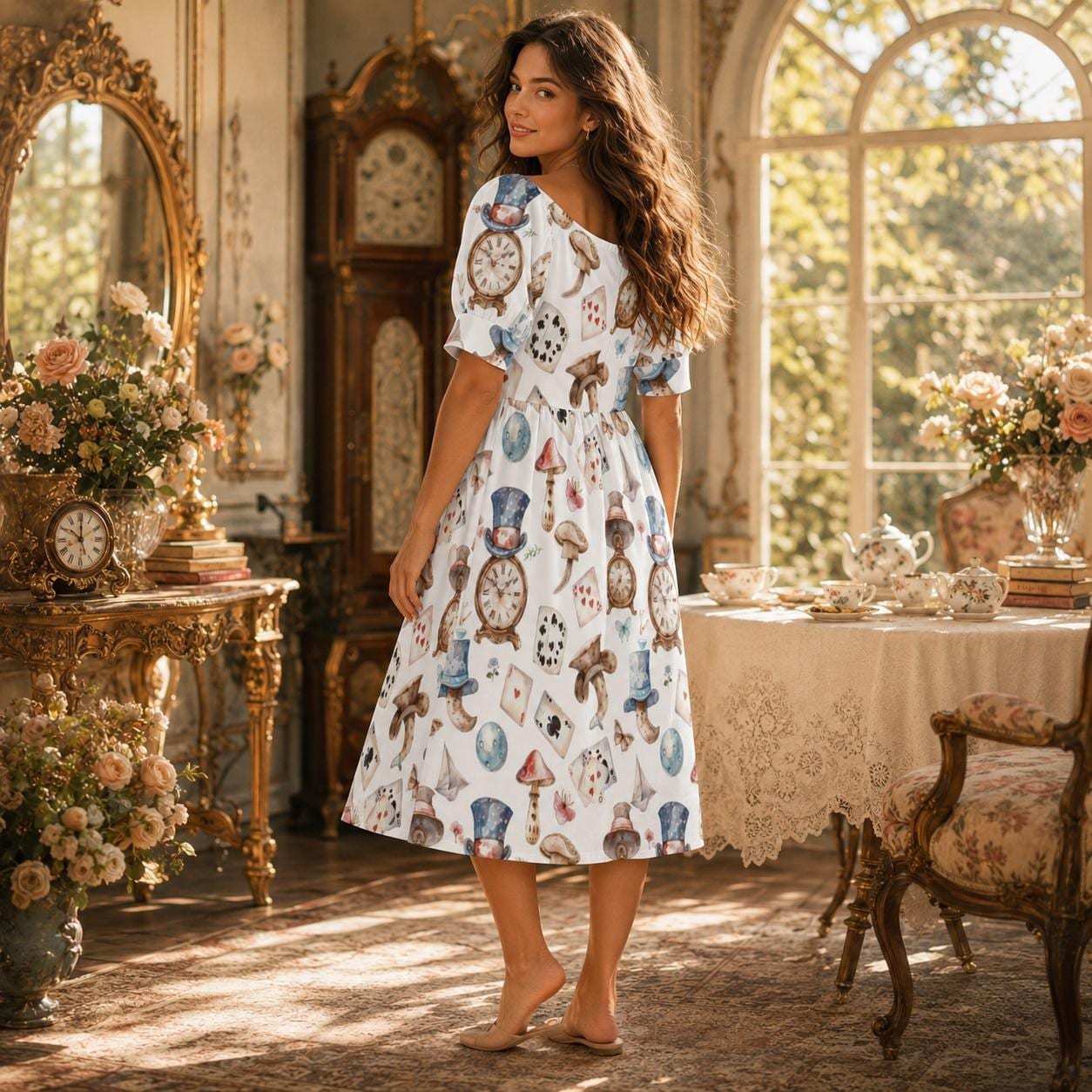 Whimsical Clock Mushroom Print Puff Sleeve Dress, Fairytale Fantasy Party Outfit