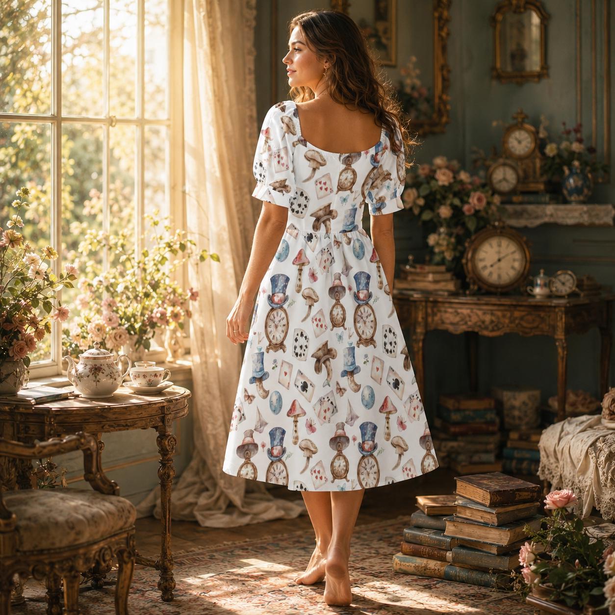 Whimsical Clock Mushroom Print Puff Sleeve Dress, Fairytale Fantasy Party Outfit