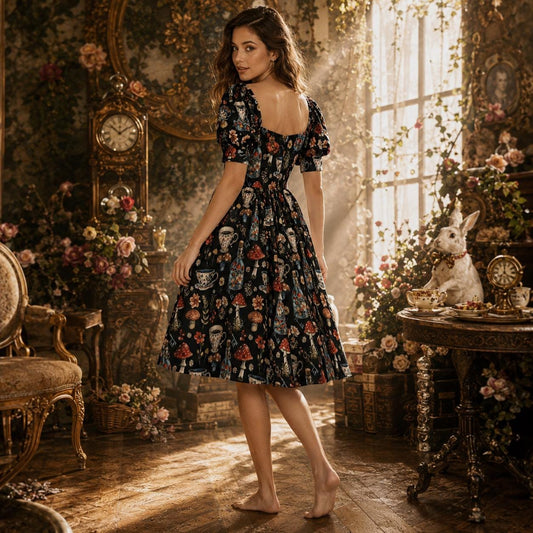 Mushroom Cottagecore Dress, Forest Witch Puff Sleeve Dress, Sweetheart Teacup Print Fall Outfit