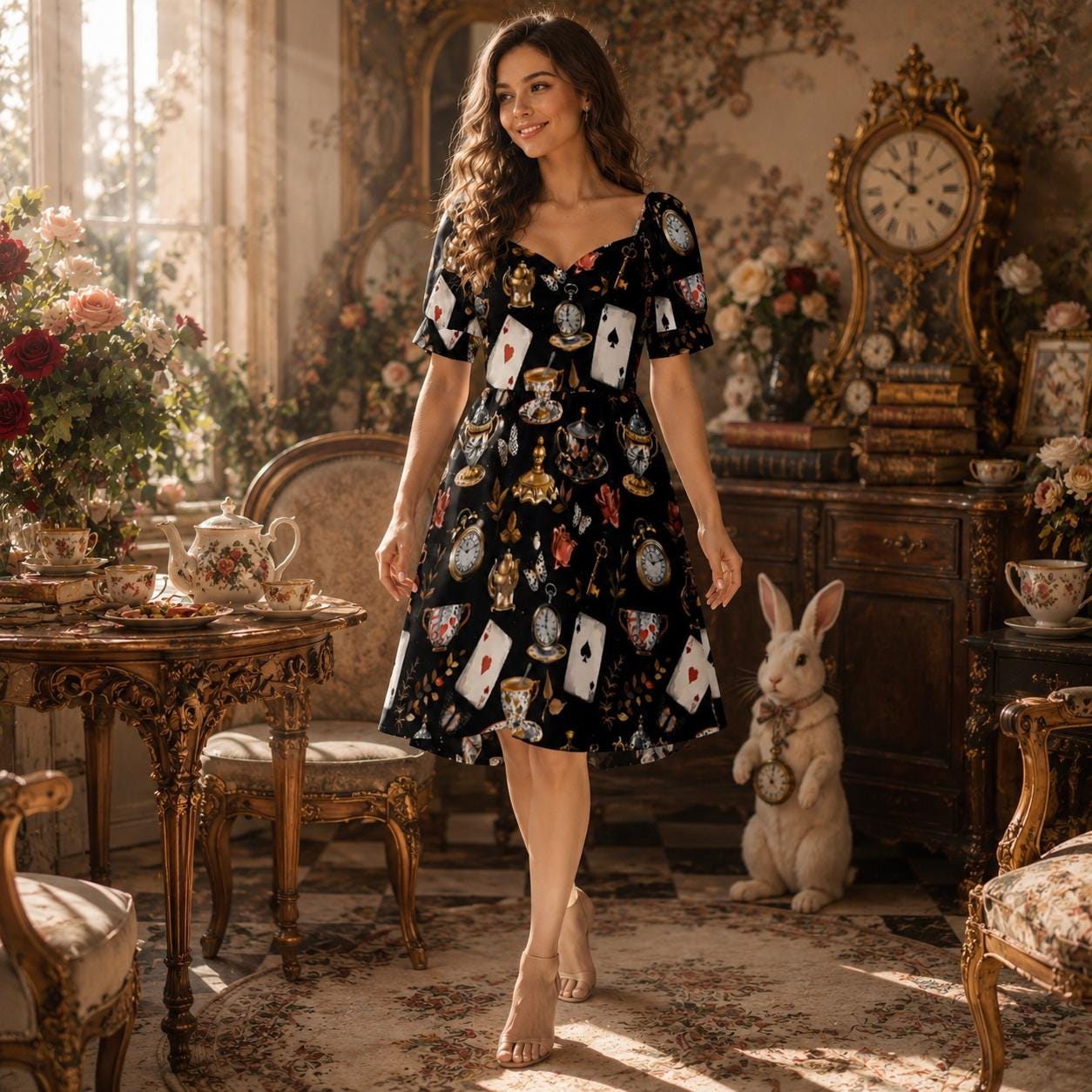 Storybook Tea Party Dress, Playing Card Clock Print, Sweetheart Puff Sleeve Brunch Outfit