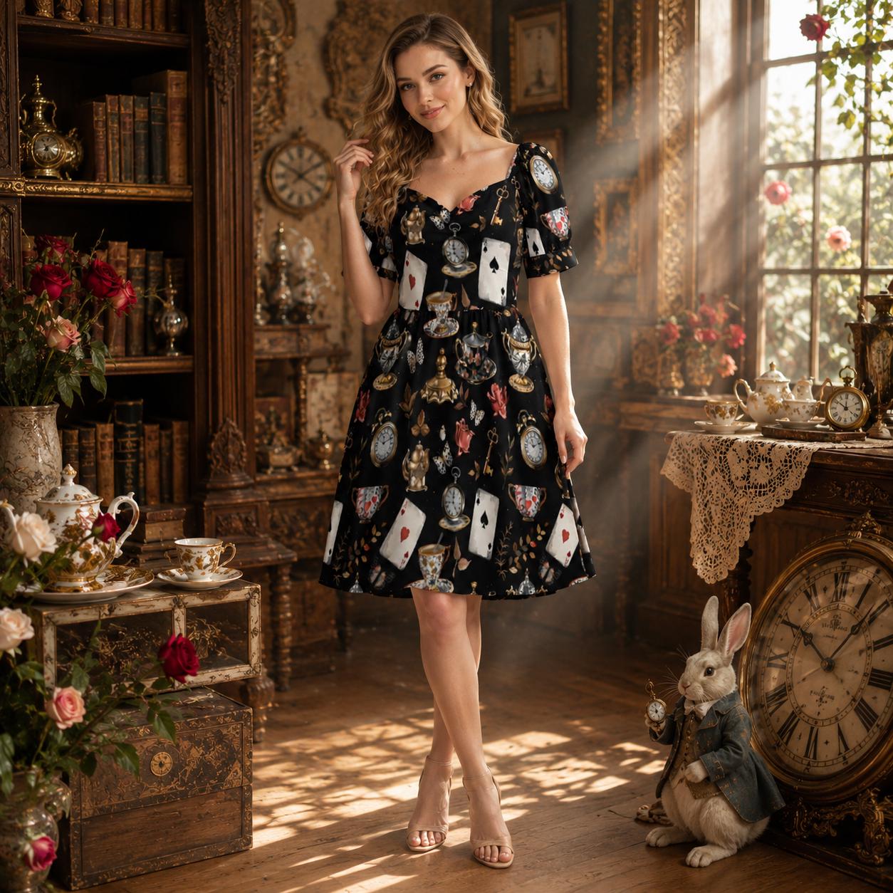 Storybook Tea Party Dress, Playing Card Clock Print, Sweetheart Puff Sleeve Brunch Outfit