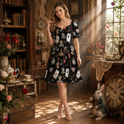 Storybook Tea Party Dress, Playing Card Clock Print, Sweetheart Puff Sleeve Brunch Outfit