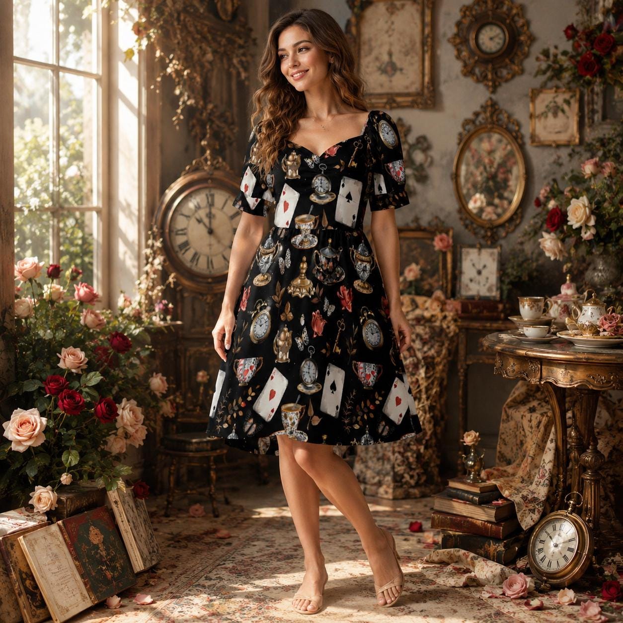 Storybook Tea Party Dress, Playing Card Clock Print, Sweetheart Puff Sleeve Brunch Outfit