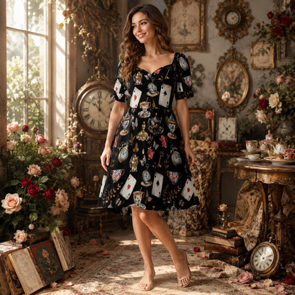 Storybook Tea Party Dress, Playing Card Clock Print, Sweetheart Puff Sleeve Brunch Outfit