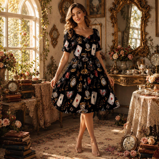 Storybook Tea Party Dress, Playing Card Clock Print, Sweetheart Puff Sleeve Brunch Outfit
