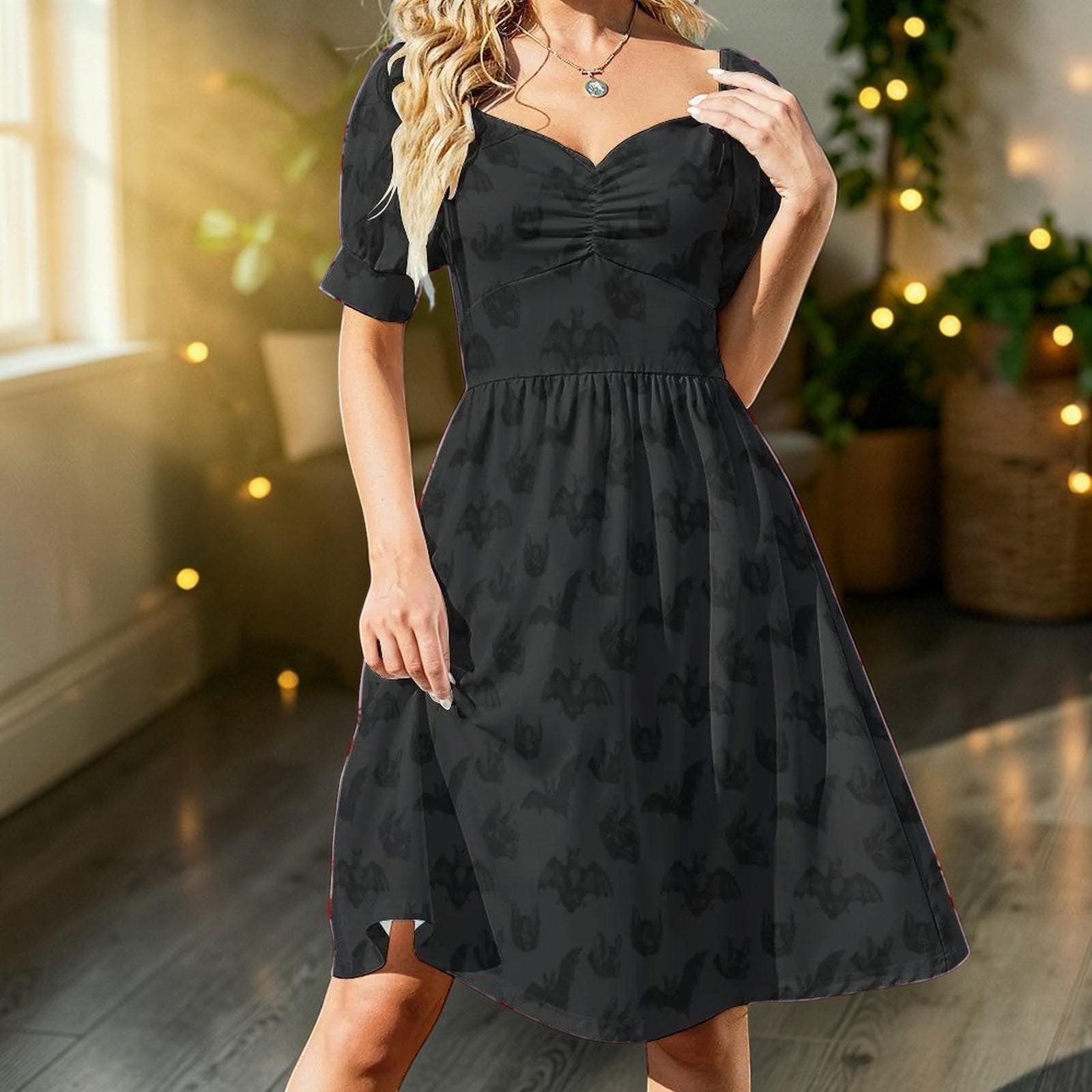 Spooky bat print dress, Halloween puff sleeve look, gothic summer outfit, alt fairycore bat fashion, vampire moon picnic outfit,spooky dress – Modern Shock