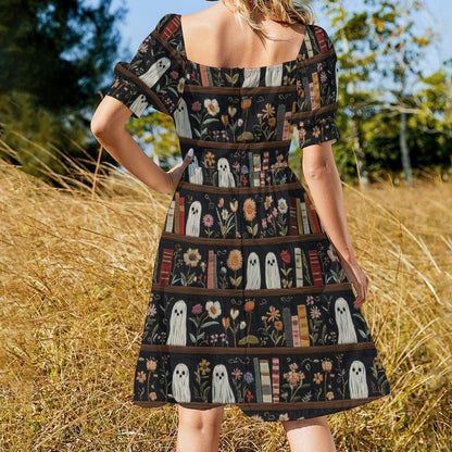 Haunted Bookshelf Midi Dress, Ghost Floral Book Lover, Spooky Library Sweetheart Style