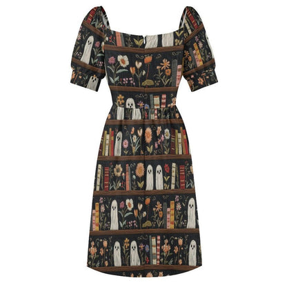 Haunted Bookshelf Midi Dress, Ghost Floral Book Lover, Spooky Library Sweetheart Style