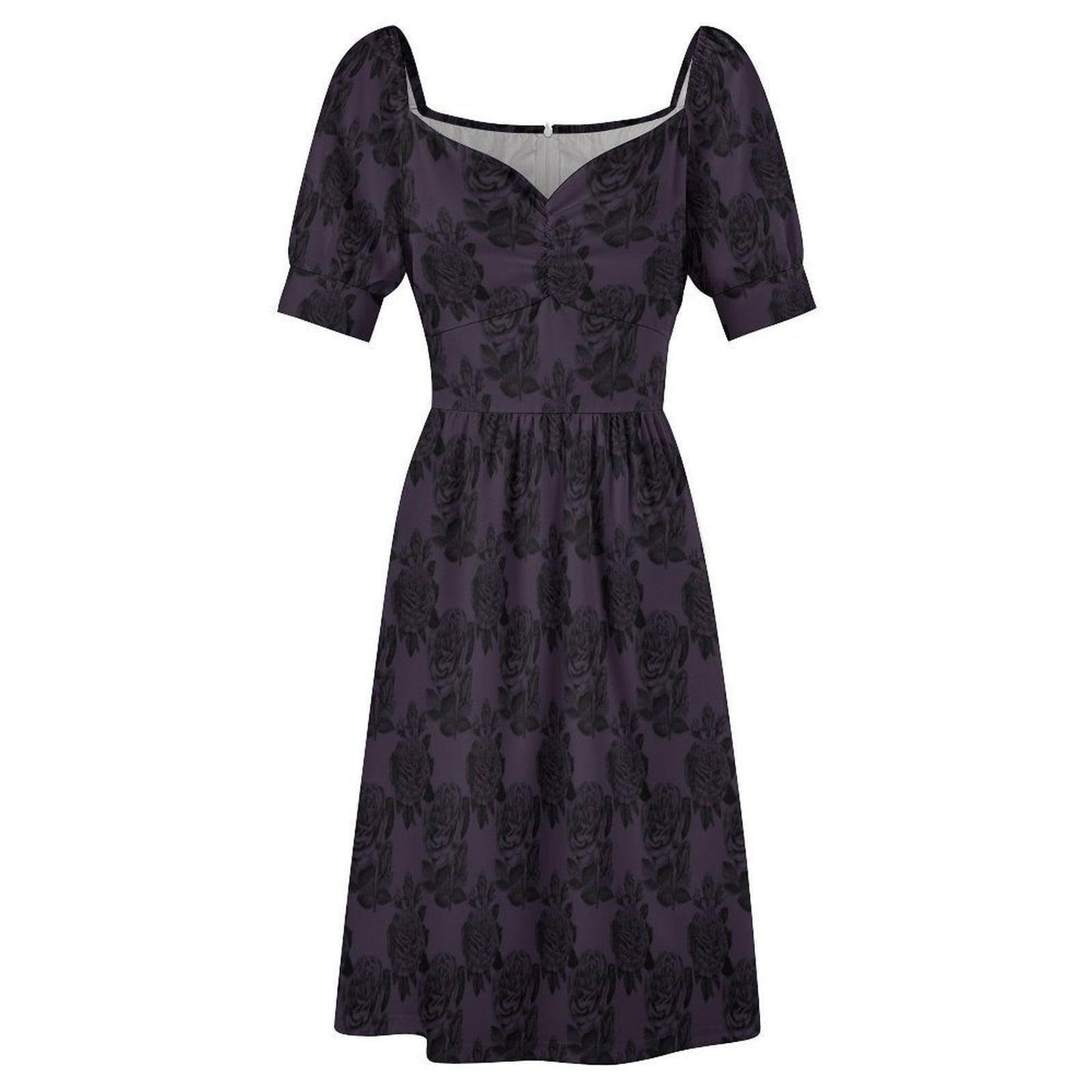 Gothic Rose Midi Dress, Dark Floral Sweetheart Dress, Puff Sleeve Cottagecore Outfit