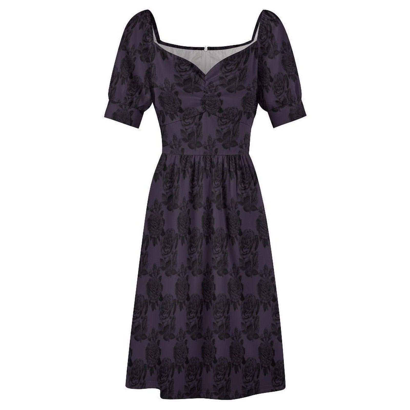 Gothic Rose Midi Dress, Dark Floral Sweetheart Dress, Puff Sleeve Cottagecore Outfit